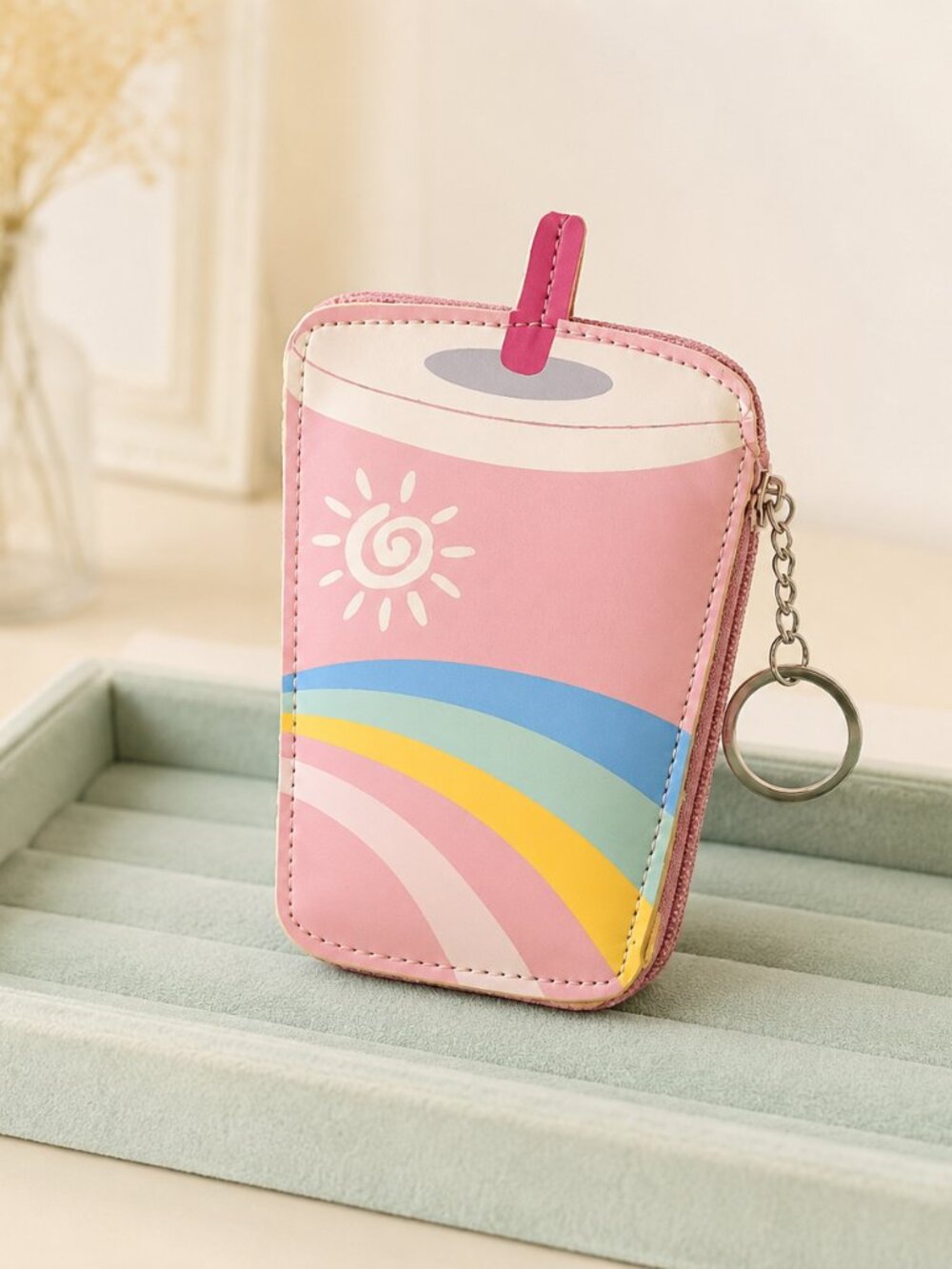 Kawaii Pink Tumbler Cup Coin Purse Rainbow Keychain Mini Wallet New